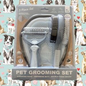 Wild & Woofy Dog Grooming Set Shedding Rake- Mitt- Double Sided Brush-3-Piece